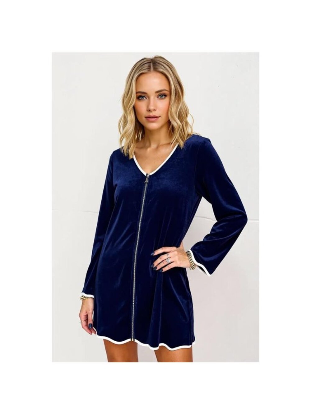 Double Take Wave Contrast Trim V-Neck Zip Up Long Sleeve Mini Dress